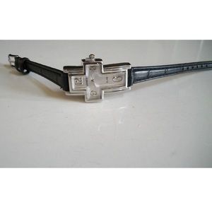 Women’s black leather band silver finish cross fashion religious watch